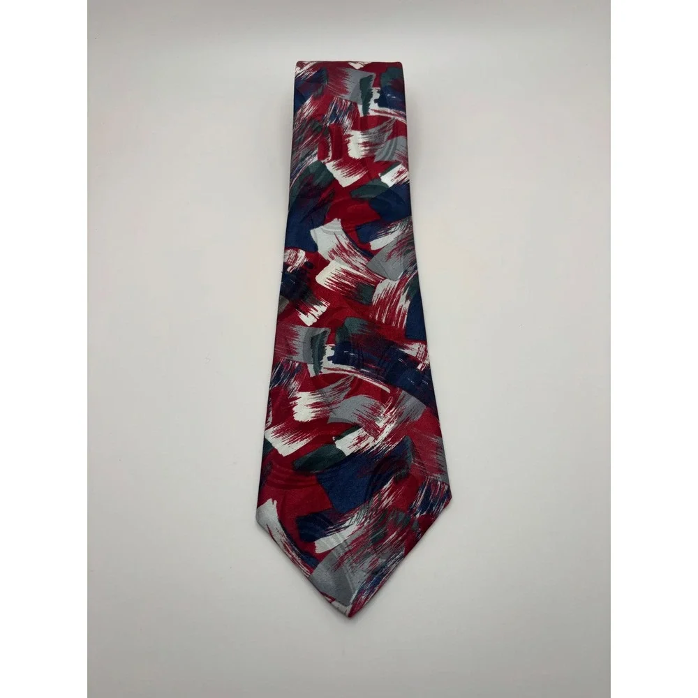 Vintage Abstract Brushstroke Silk Necktie Burgundy Navy Grey White Painterly Tie